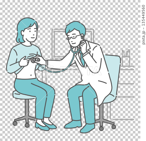 Male doctor listening to chest sounds with a stethoscope (white coat, female patient) Male doctor listening to chest sounds with a stethoscope (white coat, female patient) 135449560