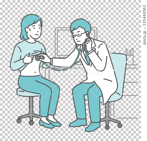 男醫師用聽診器檢查異常狀況（白大褂，患病女病人） 135449561