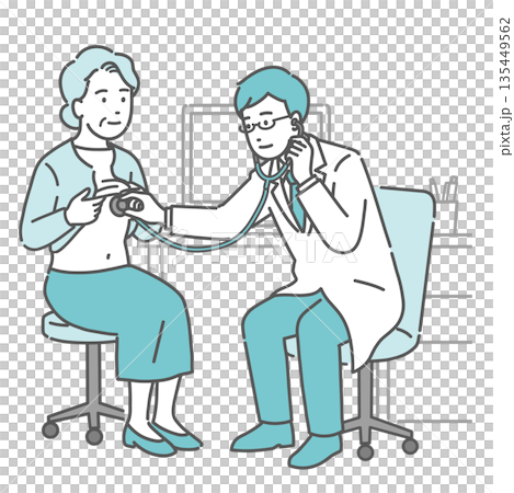 Male doctor listening to chest sounds with a stethoscope (white coat, elderly female patient) Male doctor listening to chest sounds with a stethoscope (white coat, elderly female patient) 135449562