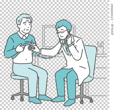 Male doctor listening to chest sounds with a stethoscope (white coat, elderly male patient) 135449564