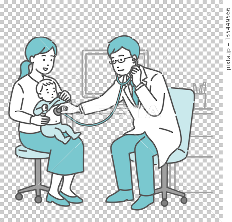 A male doctor examining a baby with a stethoscope (white coat, pediatrics, parent and child) A male doctor examining a baby with a stethoscope (white coat, pediatrics, parent and child) 135449566