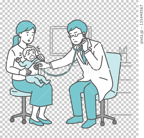 A male doctor examining a crying baby with a stethoscope (white coat, pediatrics, poor health) A male doctor examining a crying baby with a stethoscope (white coat, pediatrics, poor health) 135449567