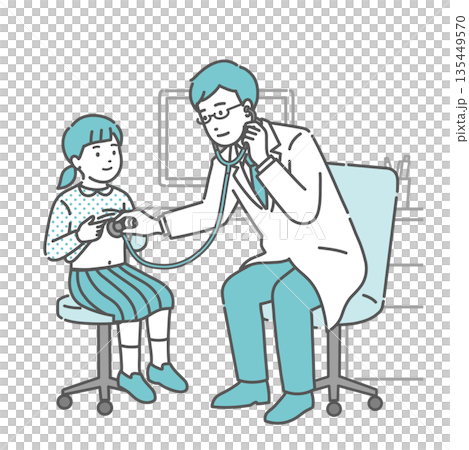 A male doctor examining a girl with a stethoscope (white coat, pediatrics, child) A male doctor examining a girl with a stethoscope (white coat, pediatrics, child) 135449570