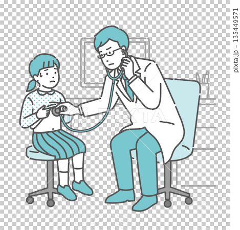 A male doctor checking for abnormalities with a stethoscope (a girl in a white coat and unwell) A male doctor checking for abnormalities with a stethoscope (a girl in a white coat and unwell) 135449571