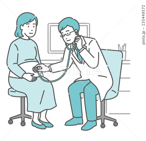 聴診器で妊婦のお腹の音を聞く男性医師（白衣・産婦人科・妊婦健診） 135449572