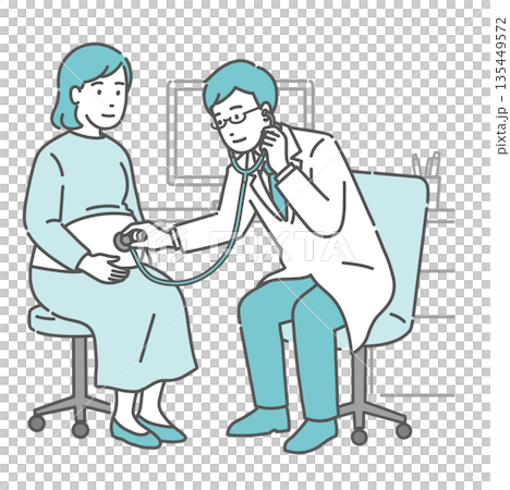 一位男醫師正在用聽診器聽孕婦的腸鳴音（白大褂，婦產科，產前檢查） 135449572