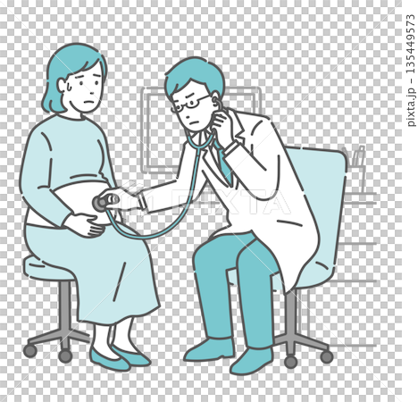 一位男醫師（身穿白大褂，一位健康狀況不佳的孕婦）正在用聽診器檢查是否有異常。 135449573