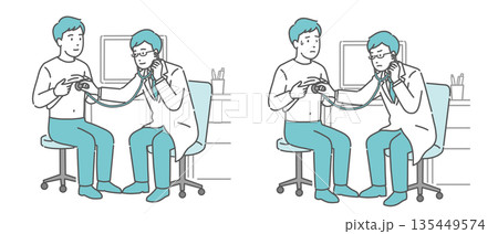 聴診器で診察する男性医師のイラストセット（白衣・男性患者・通常と体調不良） 135449574