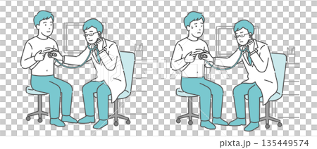 聴診器で診察する男性医師のイラストセット（白衣・男性患者・通常と体調不良） 135449574