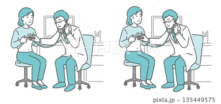 聴診器で診察する男性医師のイラストセット(白衣・女性患者・通常と体調不良) 聴診器で診察する男性医師のイラストセット(白衣・女性患者・通常と体調不良) 135449575