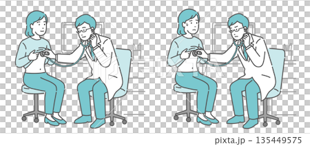 聴診器で診察する男性医師のイラストセット(白衣・女性患者・通常と体調不良) 聴診器で診察する男性医師のイラストセット(白衣・女性患者・通常と体調不良) 135449575