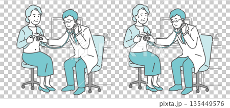 聴診器で診察する男性医師のイラストセット(白衣・高齢女性患者・通常と体調不良) 聴診器で診察する男性医師のイラストセット(白衣・高齢女性患者・通常と体調不良) 135449576