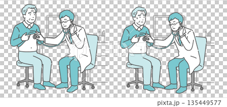 一組插圖，描繪了一位男醫生用聽診器檢查病人（白大褂，老年男性病人，正常和患病狀態）。 135449577