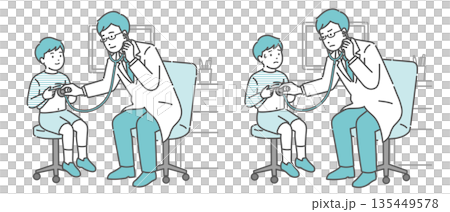 Illustration set of a male doctor examining a patient with a stethoscope (white coat, boy, normal and unwell) Illustration set of a male doctor examining a patient with a stethoscope (white coat, boy, normal and unwell) 135449578