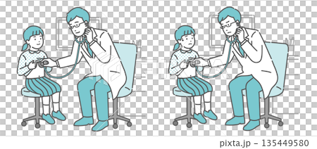 Illustration set of a male doctor examining a patient with a stethoscope (white coat, girl, normal and unwell) 135449580