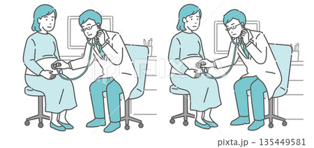 聴診器で診察する男性医師のイラストセット（白衣・妊婦・通常と体調不良） 135449581