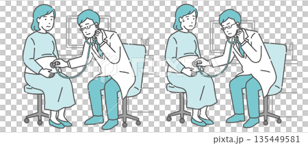 聴診器で診察する男性医師のイラストセット（白衣・妊婦・通常と体調不良） 135449581