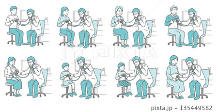 聴診器で診察する男性医師のイラストセット(白衣・全世代・患者バリエーション) 聴診器で診察する男性医師のイラストセット(白衣・全世代・患者バリエーション) 135449582