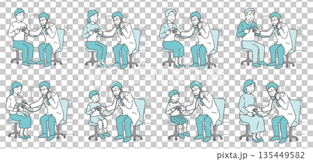 聴診器で診察する男性医師のイラストセット(白衣・全世代・患者バリエーション) 聴診器で診察する男性医師のイラストセット(白衣・全世代・患者バリエーション) 135449582