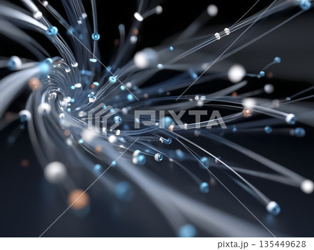 光粒子が広がるデジタルスパイラル背景｜抽象的なエネルギーとデータのCGイメージ 135449628