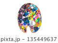 Isolated object for creativity. Oval wooden artist palette covered with colorful spots of dry and fresh paint, featuring two palette knives. Concept of art, hobby, painting, and inspiration 135449637