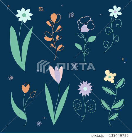 A collection of eight stylized floral elements in pastel colors. Modern interpretation of 70s style with fine lines. Suitable for packaging design, textiles, greeting cards, and spring decor 135449723
