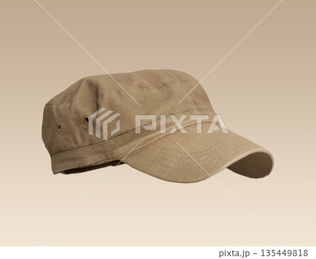 Vintage Beige Fabric Military Cap. 3D Rendering.  135449818