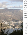 An elevated view of the popular resort town of Budva. The image captures the coastline, beaches, modern urban architecture, and majestic mountains under a cloudy sky.  135449870