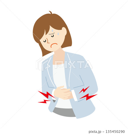 お腹が痛い女性のビジネスパーソン｜腹痛・体調不良・仕事中の不調イラスト 135450290