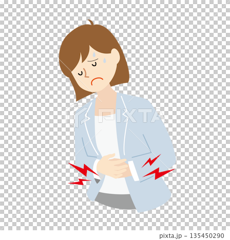 お腹が痛い女性のビジネスパーソン｜腹痛・体調不良・仕事中の不調イラスト 135450290