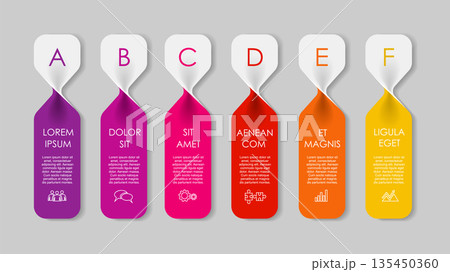 Colorful vertical infographic with labeled steps, icons, and text blocks. Vector illustration. Colorful vertical infographic with labeled steps, icons, and text blocks. Vector illustration. 135450360