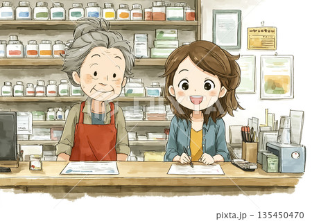 働くシニアシリーズ：薬局で接客をするシニア店員｜高齢者の社会参加イラスト 135450470