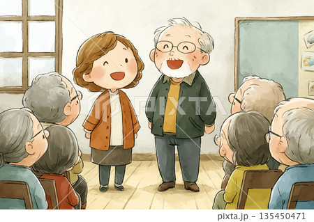 働く女性シリーズ：高齢者と交流するスタッフ｜デイサービスのアクティビティイラスト 135450471