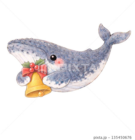 【クリスマス】色鉛筆風のベルを抱くザトウクジラのイラスト 135450676