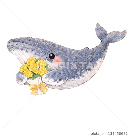 【父の日】色鉛筆風の薔薇を抱くザトウクジラのイラスト 135450681
