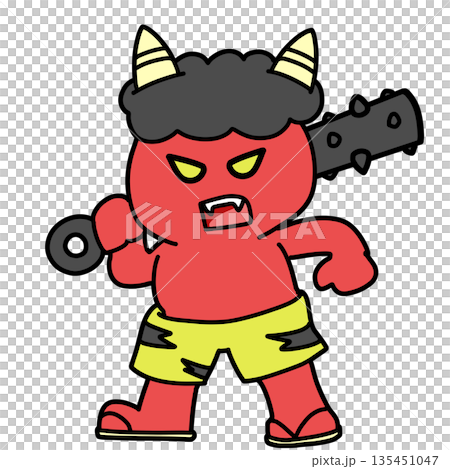 Angry red demon with a metal club 135451047