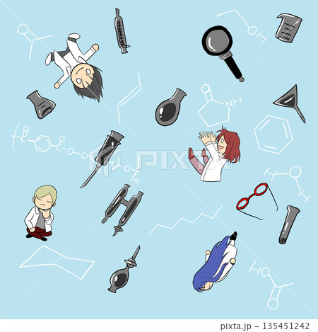 様々な実験器具と科学者のシンプルなイラスト 135451242