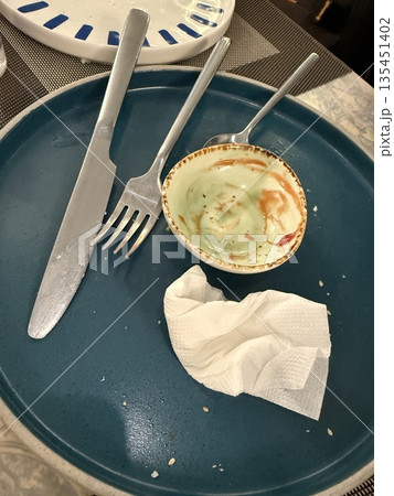 Empty plate and used utensils on a blue tray showing mealtime completion and cleanup Empty plate and used utensils on a blue tray showing mealtime completion and cleanup 135451402