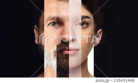 Composite portrait merging different ages and ethnic backgrounds. Composite portrait merging different ages and ethnic backgrounds. 135451498