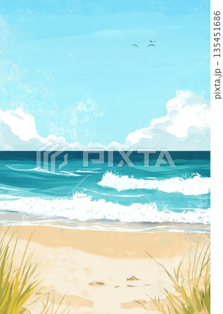 This illustration depicts a serene beach setting with soft waves lapping against the shore and a bright blue sky overhead 135451686