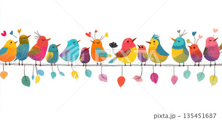 A lively gathering of cartoon birds creates a cheerful atmosphere as they sing on a wire, adorned with colorful leaves and hearts 135451687