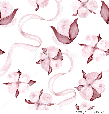 Seamless cotton flower pattern with soft ribbons, hand-painted watercolor style. Elegant botanical background ideal for textiles, wallpapers, packaging, branding, wedding, fashion designs. Blush tones Seamless cotton flower pattern with soft ribbons, hand-painted watercolor style. Elegant botanical background ideal for textiles, wallpapers, packaging, branding, wedding, fashion designs. Blush tones 135451746