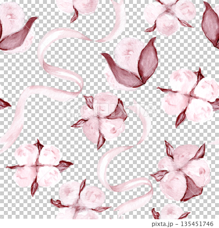 Seamless cotton flower pattern with soft ribbons, hand-painted watercolor style. Elegant botanical background ideal for textiles, wallpapers, packaging, branding, wedding, fashion designs. Blush tones 135451746