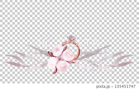 Watercolor engagement ring with cotton flowers, wax seal, hand painted isolated on white background. Elegant romantic element for branding, fashion design, packaging and luxury stationery. Blush tone 135451747
