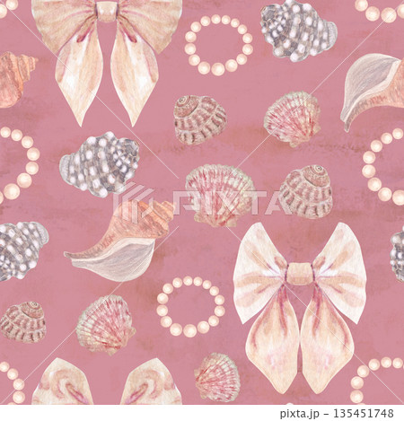 Seamless watercolor pattern with soft pink bow, pearl circle, seashells on pink background. Elegant hand-painted coastal wedding design, perfect for invitations, stationery, packaging, romantic decor Seamless watercolor pattern with soft pink bow, pearl circle, seashells on pink background. Elegant hand-painted coastal wedding design, perfect for invitations, stationery, packaging, romantic decor 135451748