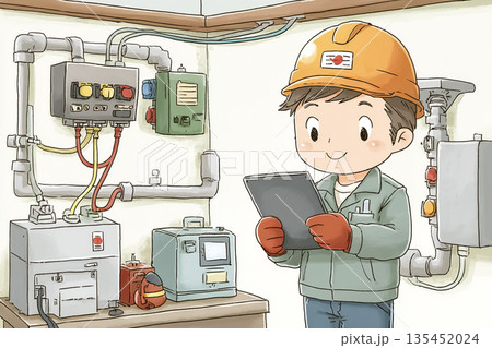 EV充電設備を点検する男性技術者｜電気設備保守の仕事イラスト 135452024