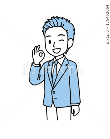 OKポーズをするスーツのビジネスパーソンの男性のイラスト素材 135452064