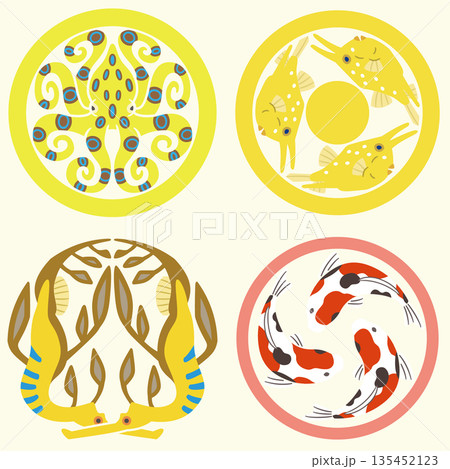 家紋風アイコン　海の生き物　コンゴウフグ　ヒョウモンダコ　日本の紋章 135452123