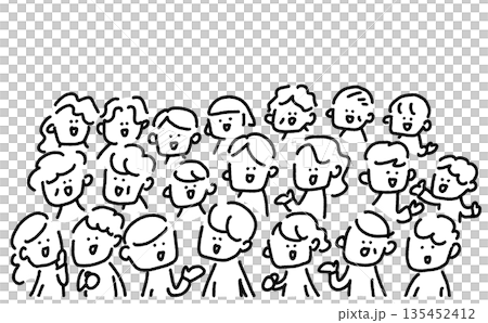 笑顔の人々が集まる人物の線画イラスト　手描き　群衆　多様性　老若男女　コミュニティ 135452412