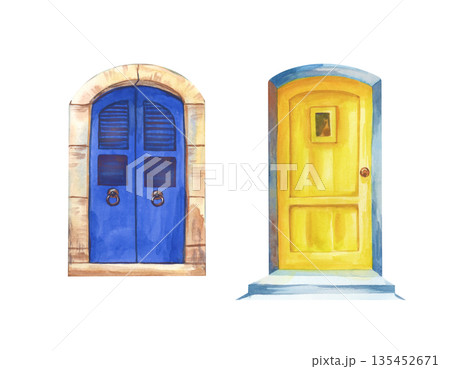 A set with blue and yellow doors on an isolated background. Watercolor illustration with traditional Greek architectural elements for tourism business, printing, icons. A set with blue and yellow doors on an isolated background. Watercolor illustration with traditional Greek architectural elements for tourism business, printing, icons. 135452671